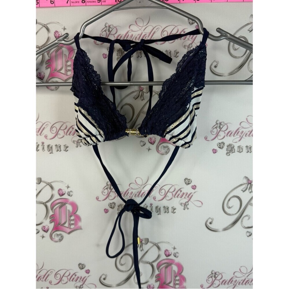 Bikini top shiny Striped Navy Lace Triangle Bikini Top with Gold Accent